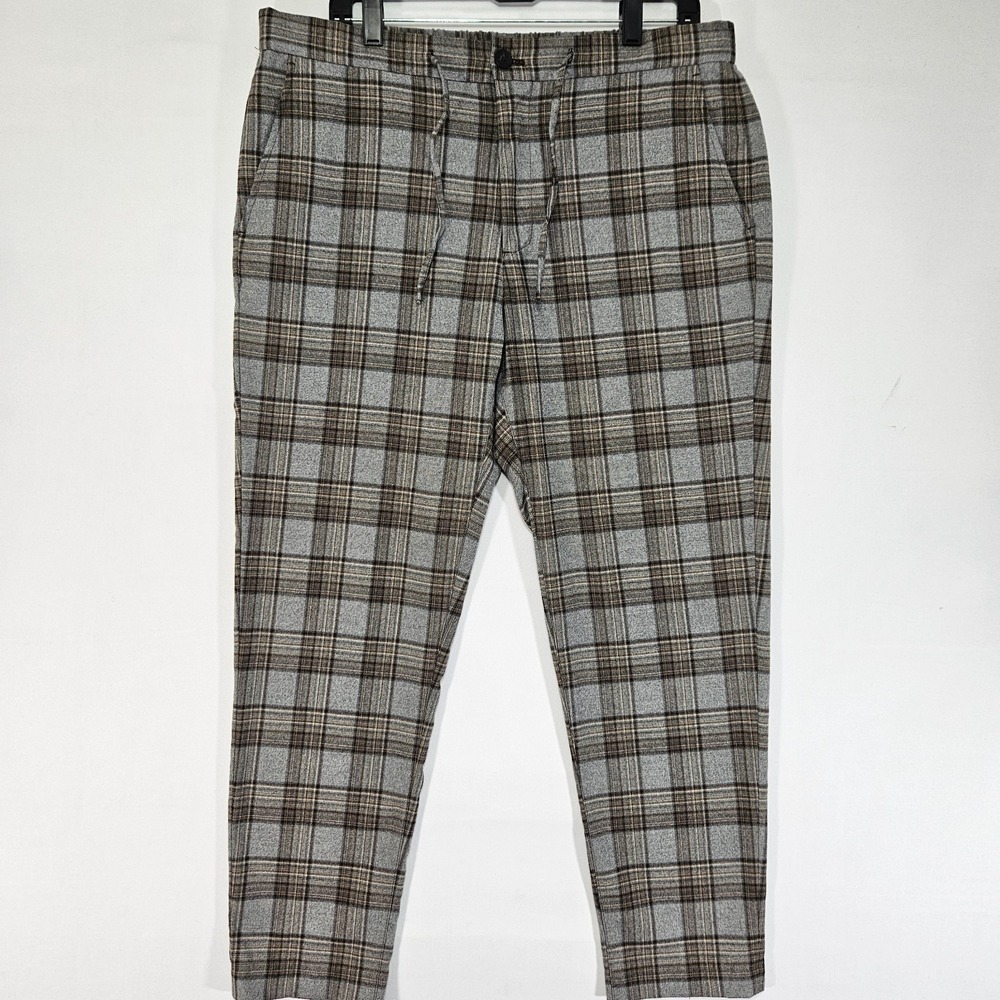Zara Men's Pants Draw String Gray Brown Plaid‎ Size LARGE / Short